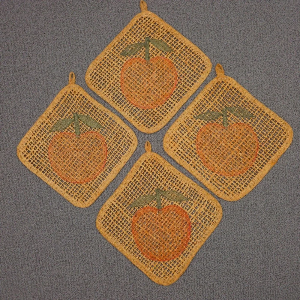 Vintage Woven Straw Peach‎ Trivets Pot Holders Set of 4 Orange Tan Boho Kitchen